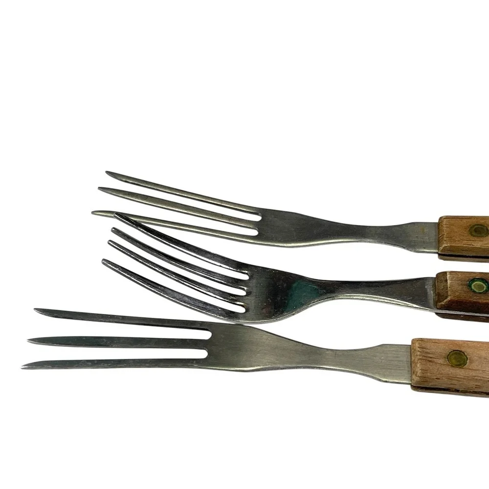 Stainless Steel Brown‎ Wood Handle Forks Set of 3 Riveted Mid-Century Modern MCM